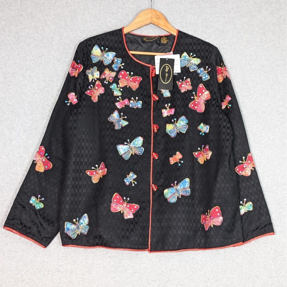 Alex Kim Waffle Check Blazer Jacket Womens Large Butterfly Art Vintage w/Tags